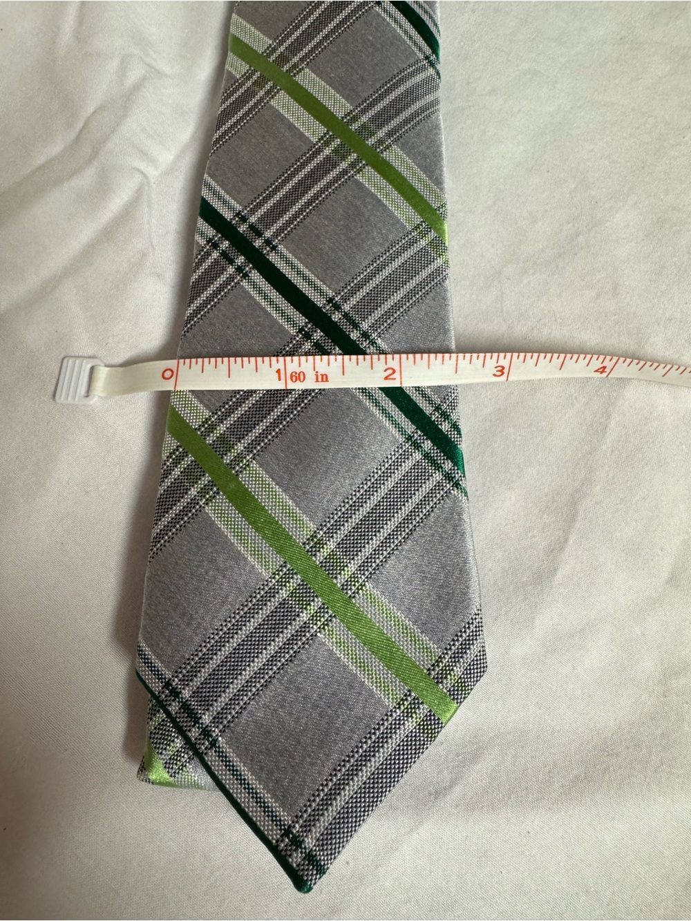 Express Gray Plaid Tie with Light and Dark Green Stripes